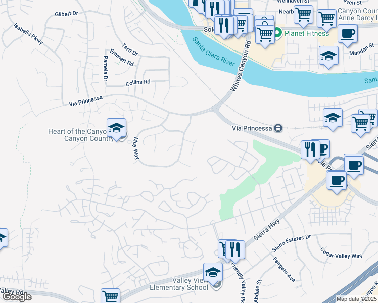map of restaurants, bars, coffee shops, grocery stores, and more near 26505 Royal Vista Court in Santa Clarita