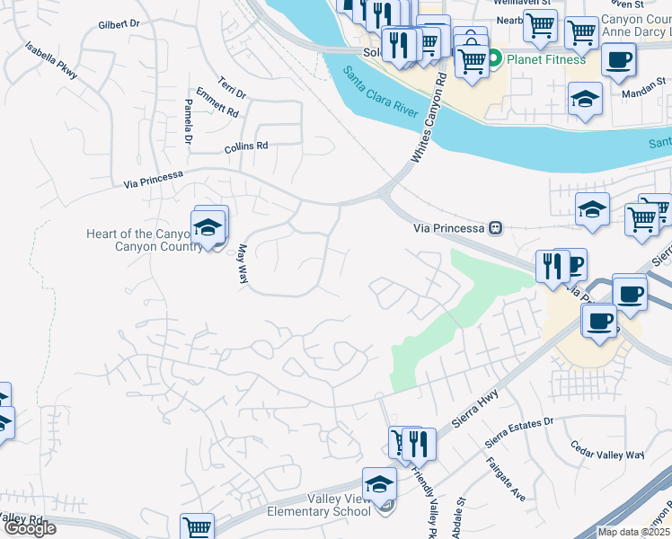 map of restaurants, bars, coffee shops, grocery stores, and more near 26505 Royal Vista Court in Santa Clarita