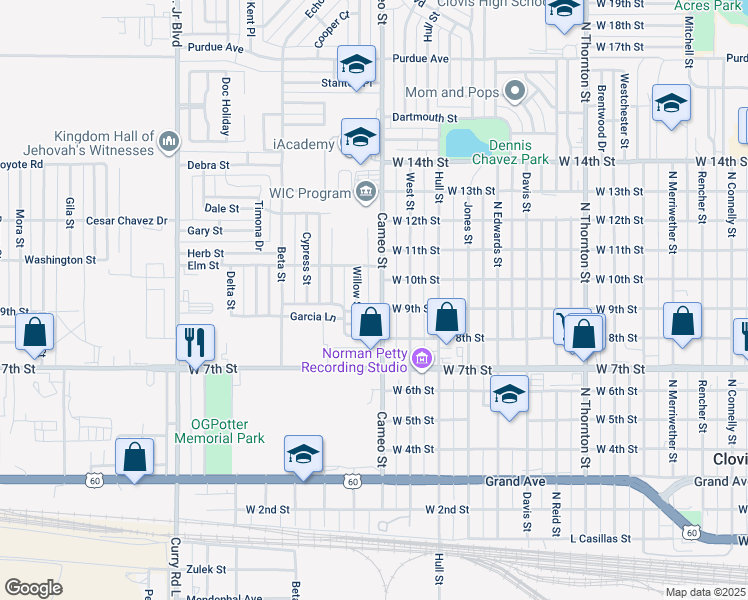 map of restaurants, bars, coffee shops, grocery stores, and more near 901 Willow Street in Clovis