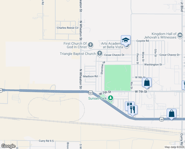 map of restaurants, bars, coffee shops, grocery stores, and more near 3824 Madison Road in Clovis