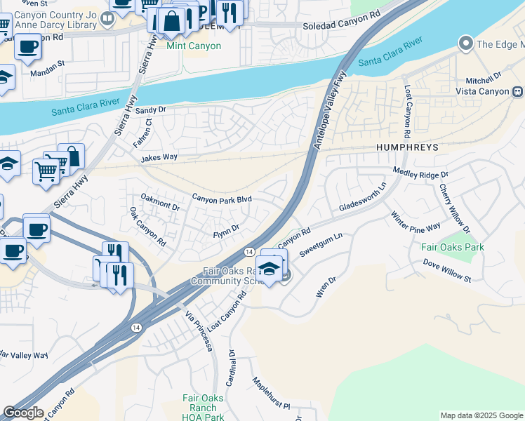 map of restaurants, bars, coffee shops, grocery stores, and more near 18014 Flynn Drive in Santa Clarita