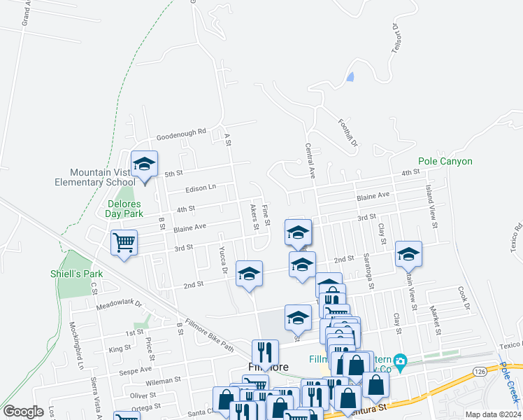 map of restaurants, bars, coffee shops, grocery stores, and more near 735 Fine Street in Fillmore