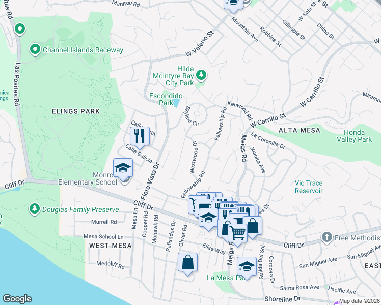 map of restaurants, bars, coffee shops, grocery stores, and more near 749 Westwood Drive in Santa Barbara