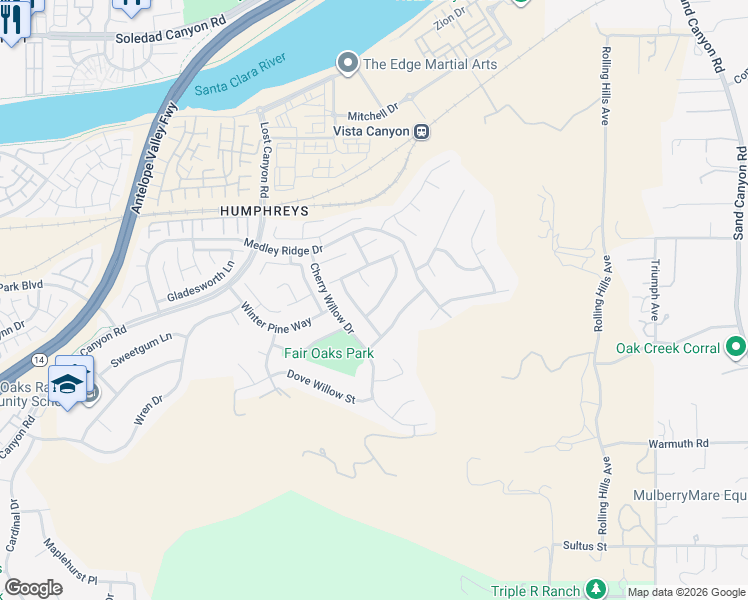 map of restaurants, bars, coffee shops, grocery stores, and more near 17175 Monterey Pines Lane in Santa Clarita