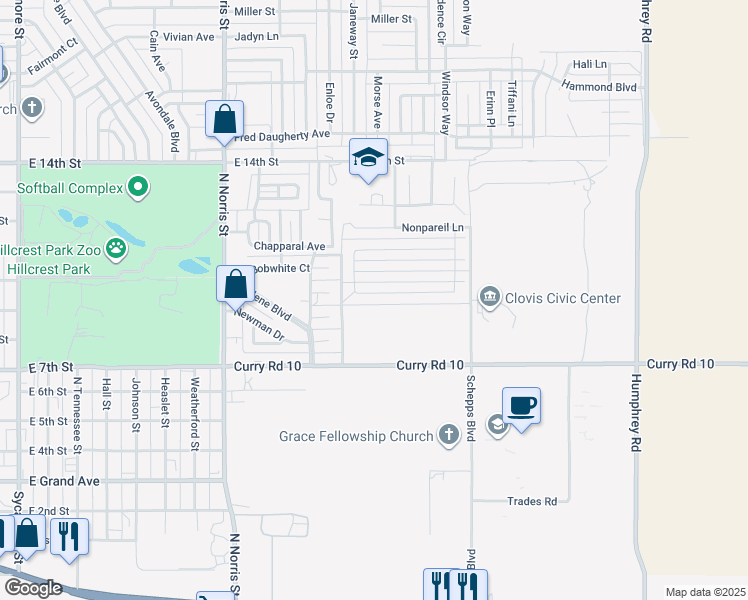 map of restaurants, bars, coffee shops, grocery stores, and more near 500 Almond Tree Lane in Clovis