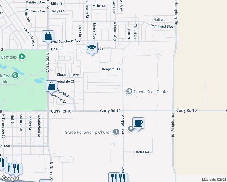 map of restaurants, bars, coffee shops, grocery stores, and more near 717 Almond Tree Lane in Clovis
