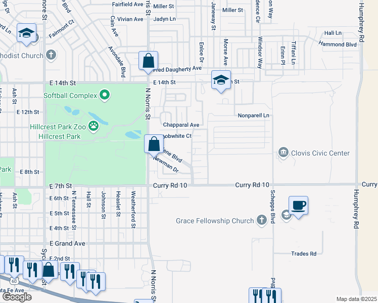 map of restaurants, bars, coffee shops, grocery stores, and more near 2336 Marlene Boulevard in Clovis
