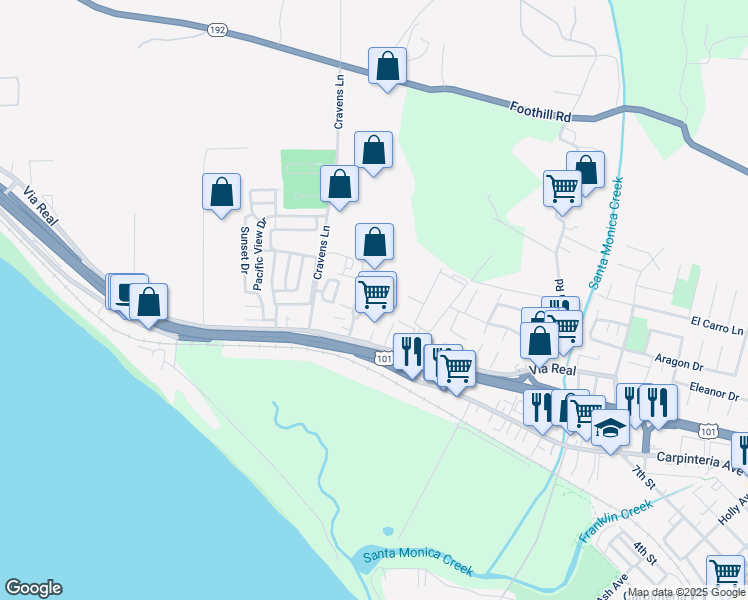 map of restaurants, bars, coffee shops, grocery stores, and more near 1260 Franciscan Court in Carpinteria