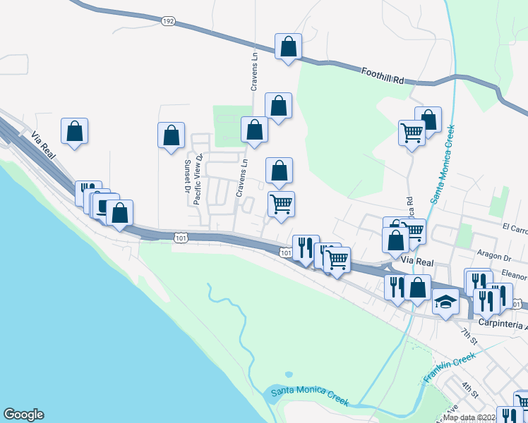 map of restaurants, bars, coffee shops, grocery stores, and more near 1255 Franciscan Court in Carpinteria