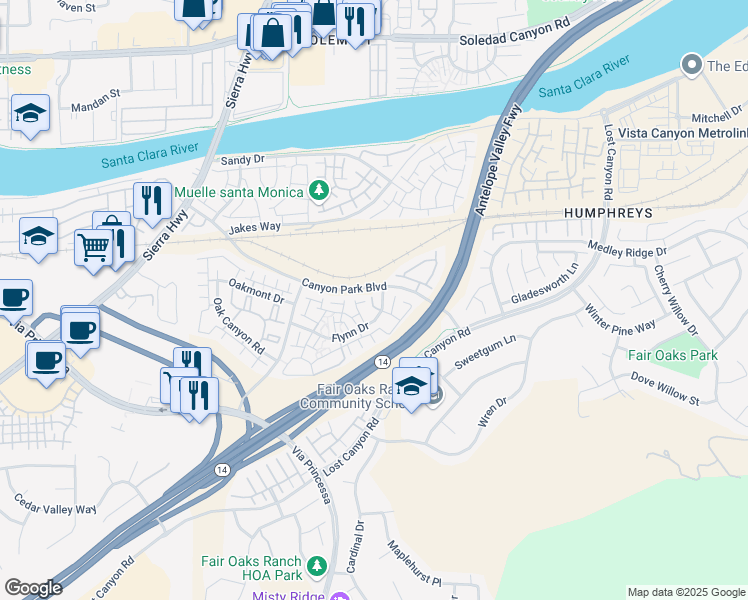 map of restaurants, bars, coffee shops, grocery stores, and more near 18007 Flynn Drive in Los Angeles County