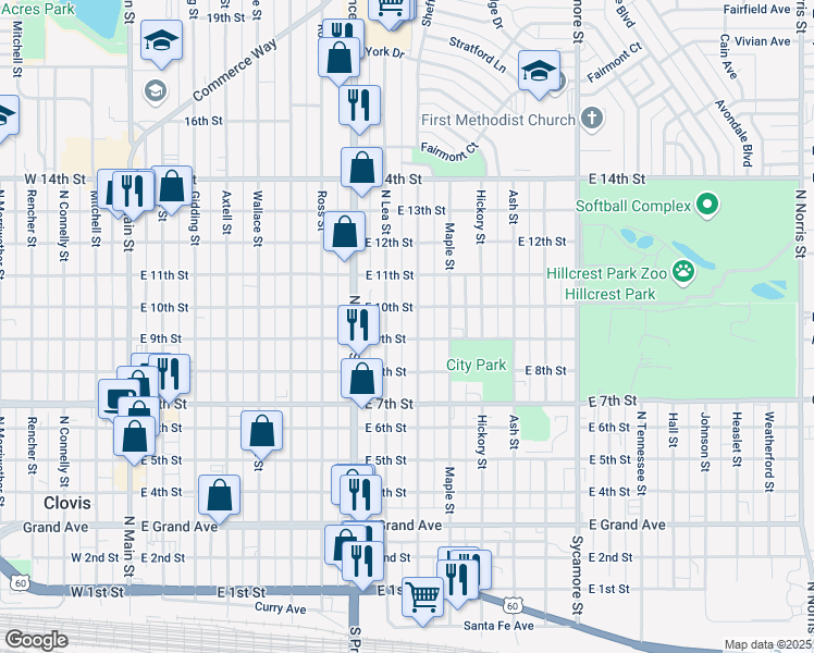map of restaurants, bars, coffee shops, grocery stores, and more near 902 North Oak Street in Clovis