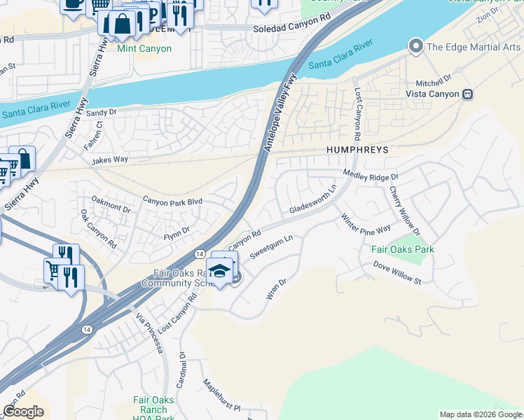 map of restaurants, bars, coffee shops, grocery stores, and more near 27211 Cross Gate Court in Los Angeles County