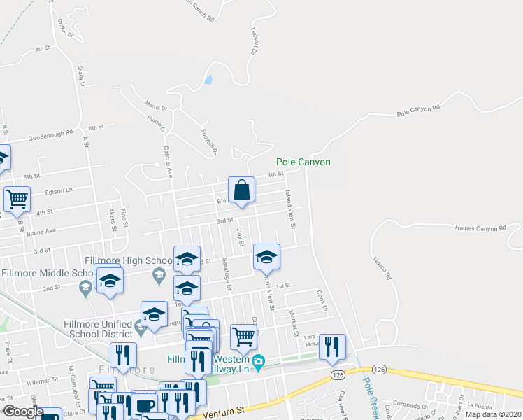 map of restaurants, bars, coffee shops, grocery stores, and more near 259 3rd Street in Fillmore
