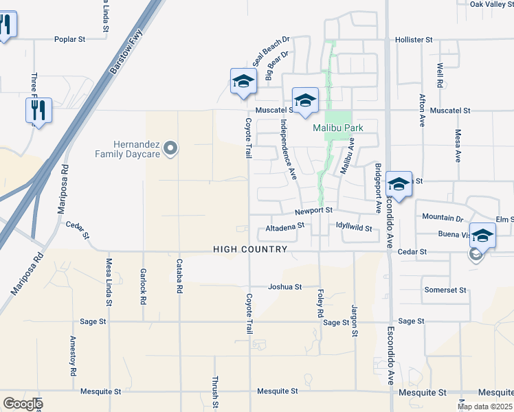 map of restaurants, bars, coffee shops, grocery stores, and more near 12913 Tehachapi Street in Hesperia