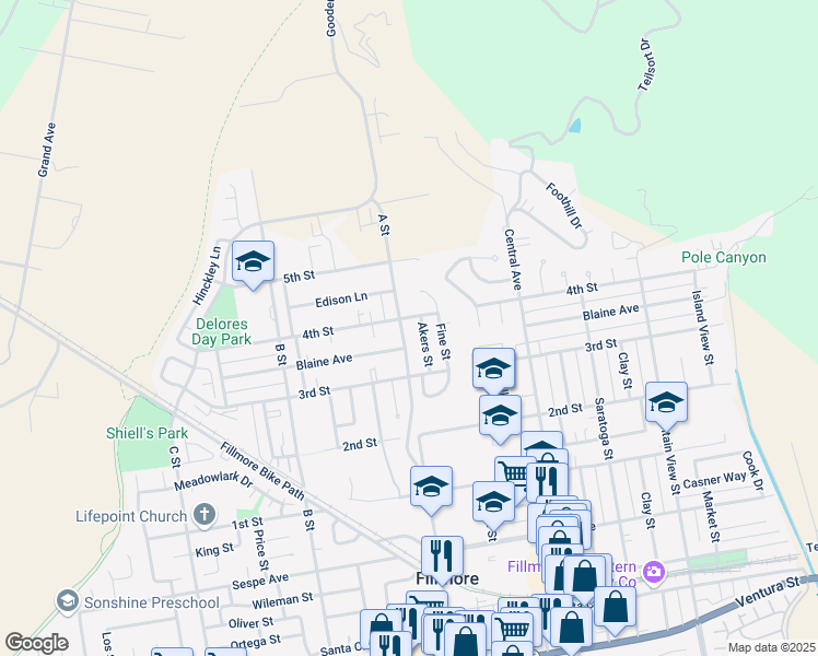 map of restaurants, bars, coffee shops, grocery stores, and more near 745 A Street in Fillmore