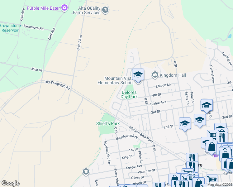 map of restaurants, bars, coffee shops, grocery stores, and more near 1024 Hinckley Lane in Fillmore
