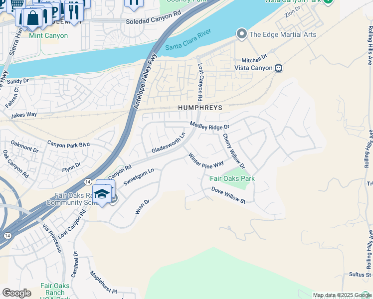 map of restaurants, bars, coffee shops, grocery stores, and more near 17408 Winter Pine Way in Santa Clarita