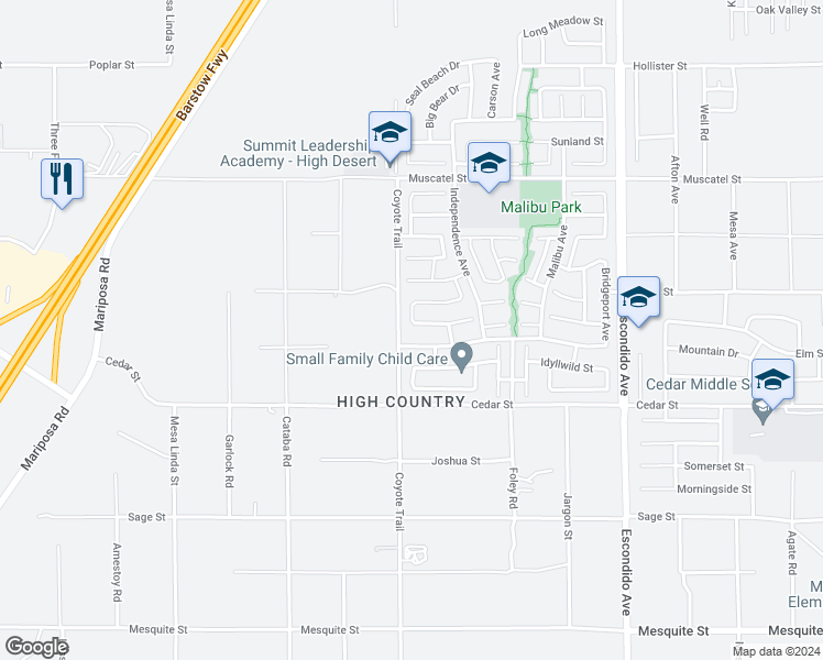 map of restaurants, bars, coffee shops, grocery stores, and more near 12913 Tehachapi Street in Hesperia