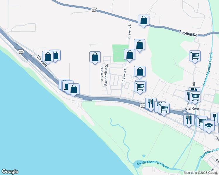 map of restaurants, bars, coffee shops, grocery stores, and more near 3950 Via Real in Carpinteria