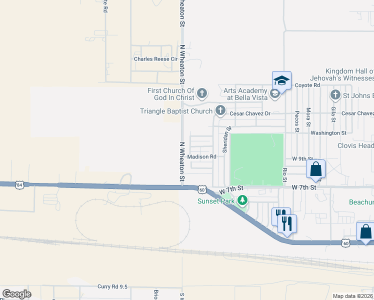map of restaurants, bars, coffee shops, grocery stores, and more near 933 North Wheaton Street in Clovis