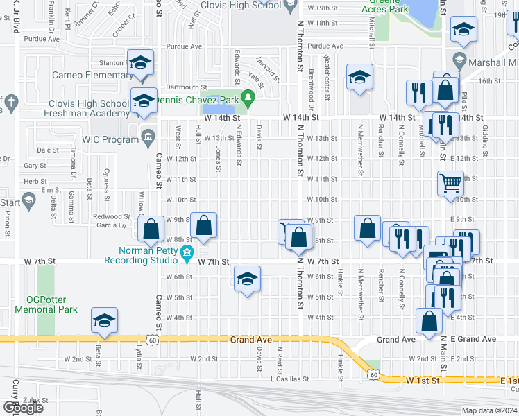 map of restaurants, bars, coffee shops, grocery stores, and more near 912 Davis Street in Clovis