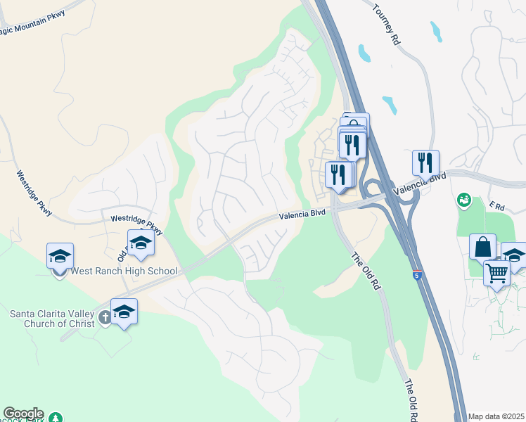 map of restaurants, bars, coffee shops, grocery stores, and more near 26807 Peppertree Drive in Stevenson Ranch