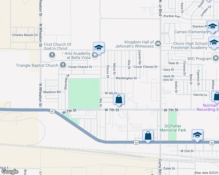 map of restaurants, bars, coffee shops, grocery stores, and more near 913 Pecos Street in Clovis