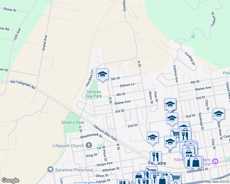 map of restaurants, bars, coffee shops, grocery stores, and more near 865 4th Street in Fillmore