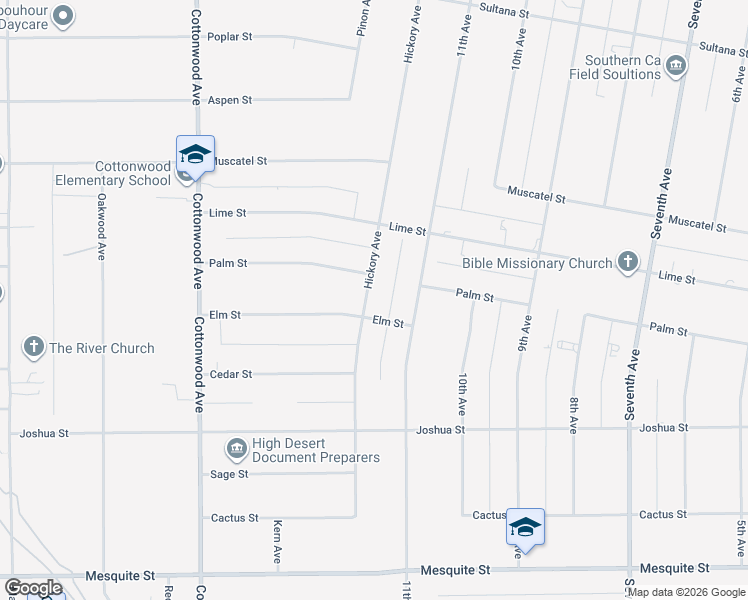 map of restaurants, bars, coffee shops, grocery stores, and more near 8637 Hickory Avenue in Hesperia