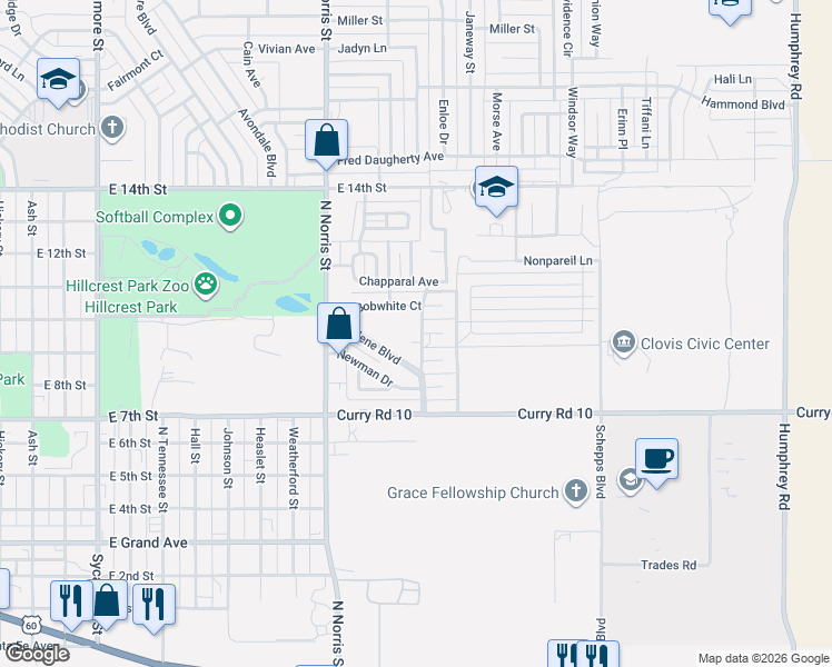 map of restaurants, bars, coffee shops, grocery stores, and more near 2336 Marlene Boulevard in Clovis