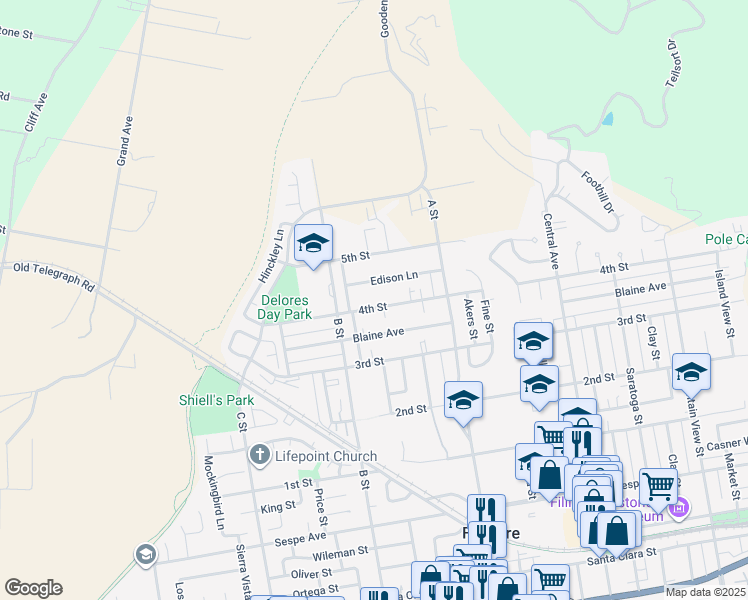 map of restaurants, bars, coffee shops, grocery stores, and more near 814 4th Street in Fillmore