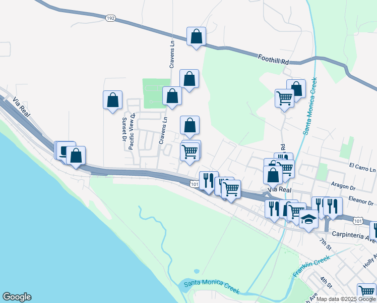 map of restaurants, bars, coffee shops, grocery stores, and more near 1260 Franciscan Court in Carpinteria