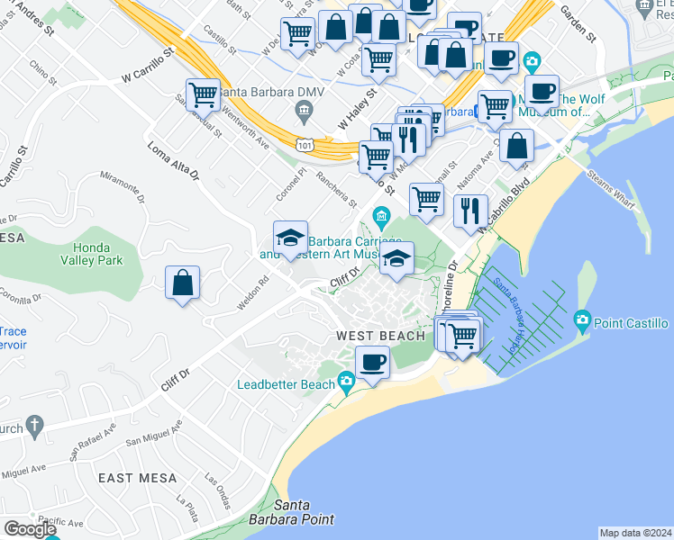 map of restaurants, bars, coffee shops, grocery stores, and more near 203 Ladera Street in Santa Barbara