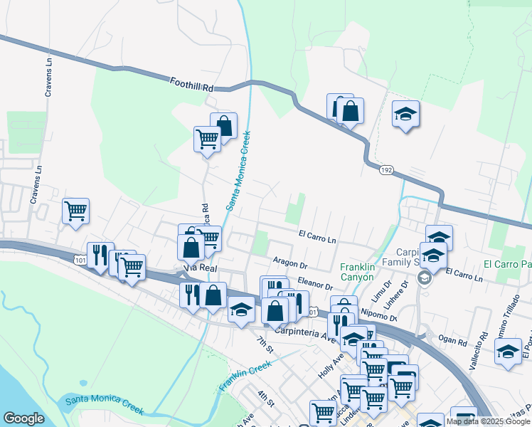 map of restaurants, bars, coffee shops, grocery stores, and more near 4515 Chapparal Drive in Carpinteria