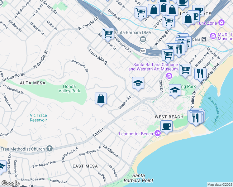map of restaurants, bars, coffee shops, grocery stores, and more near 514 Miramonte Drive in Santa Barbara