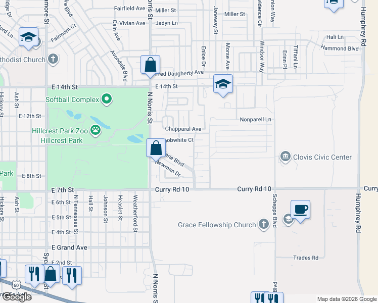 map of restaurants, bars, coffee shops, grocery stores, and more near 2336 Marlene Boulevard in Clovis