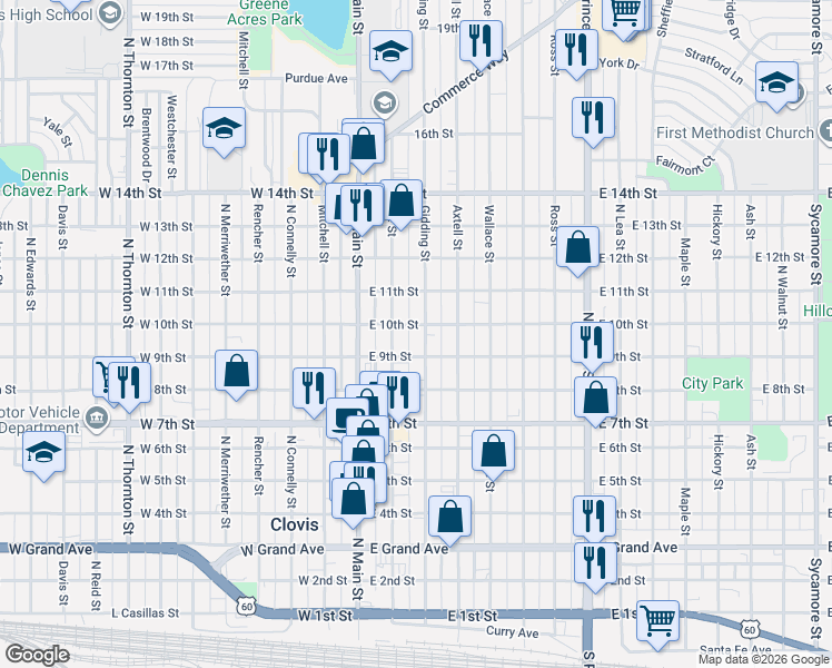 map of restaurants, bars, coffee shops, grocery stores, and more near 220 East 9th Street in Clovis