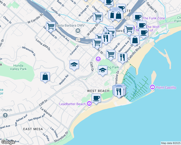 map of restaurants, bars, coffee shops, grocery stores, and more near 743-767 Cliff Drive in Santa Barbara
