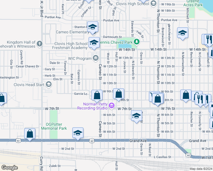 map of restaurants, bars, coffee shops, grocery stores, and more near 916 West Street in Clovis