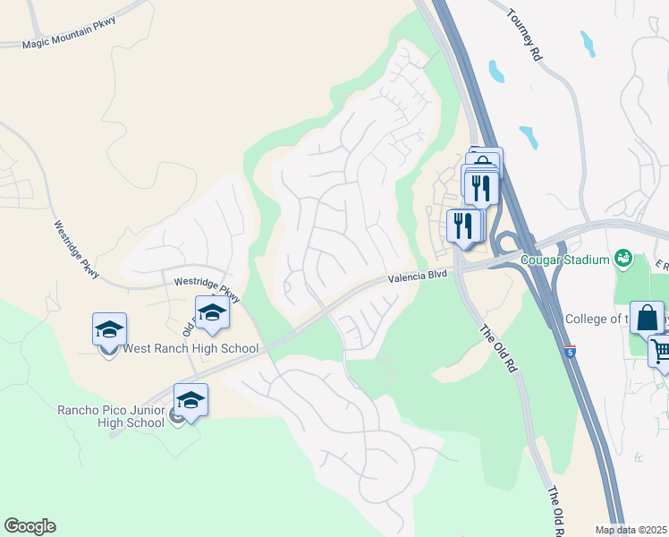 map of restaurants, bars, coffee shops, grocery stores, and more near 26825 Greenleaf Court in Stevenson Ranch