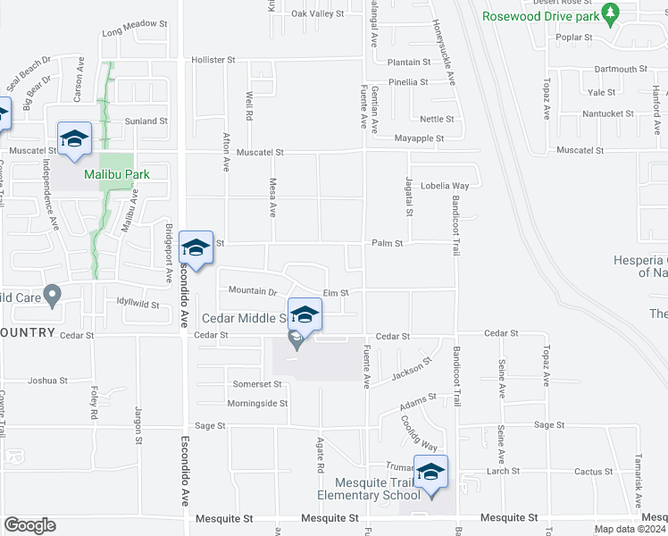 map of restaurants, bars, coffee shops, grocery stores, and more near 8651 Panorama Lane in Hesperia