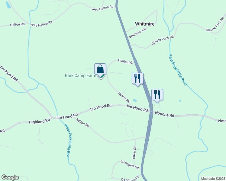 map of restaurants, bars, coffee shops, grocery stores, and more near 4246 Jim Hood Road in Gainesville