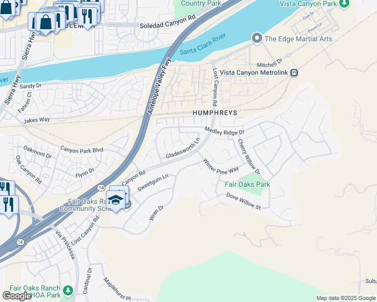 map of restaurants, bars, coffee shops, grocery stores, and more near 17556 Gladesworth Lane in Los Angeles County