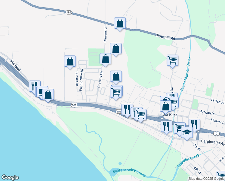 map of restaurants, bars, coffee shops, grocery stores, and more near 1281 Franciscan Court in Carpinteria