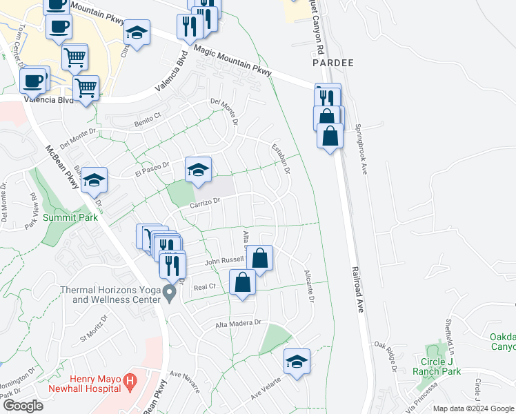 map of restaurants, bars, coffee shops, grocery stores, and more near 23418 Pomita Place in Santa Clarita