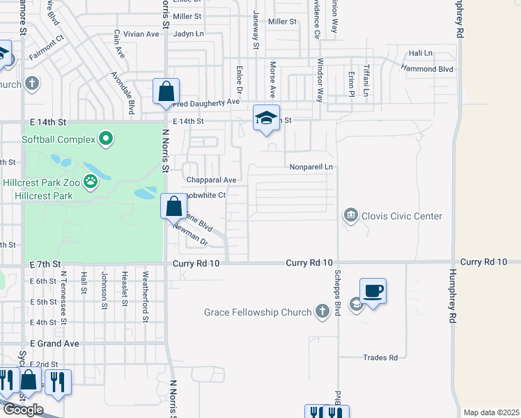 map of restaurants, bars, coffee shops, grocery stores, and more near 500 Almond Tree Lane in Clovis