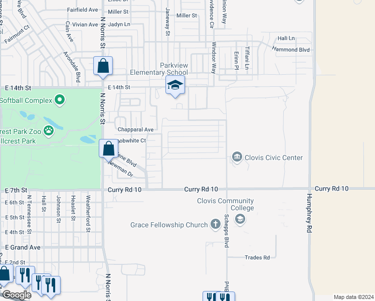 map of restaurants, bars, coffee shops, grocery stores, and more near 600 Almond Tree Lane in Clovis