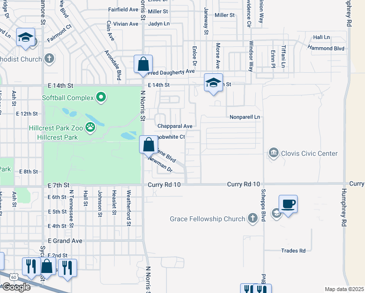 map of restaurants, bars, coffee shops, grocery stores, and more near 2336 Marlene Boulevard in Clovis