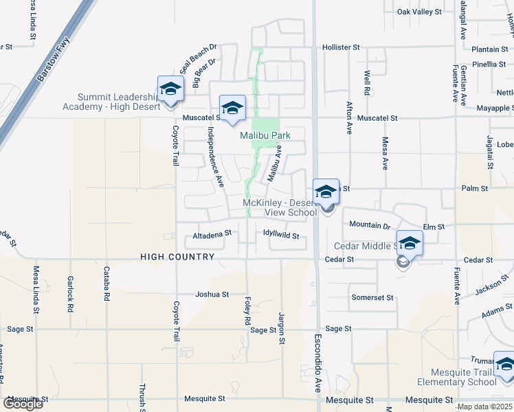 map of restaurants, bars, coffee shops, grocery stores, and more near 13124 Woodland Court in Hesperia