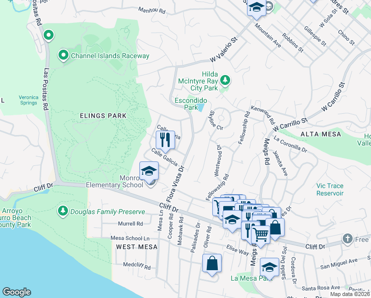 map of restaurants, bars, coffee shops, grocery stores, and more near 735 Flora Vista Drive in Santa Barbara